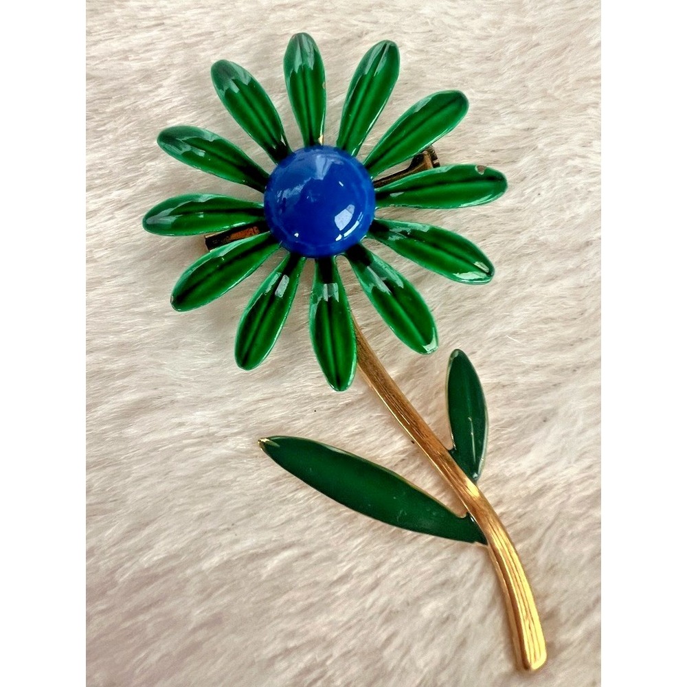 Vintage Enamel Flower Brooch 3" Blue Green Floral Pin Colorful Gold Tone Summer
